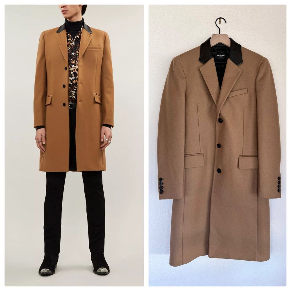 NEW The Kooples Men's Long Wool-Blend Coat with Black Leather Collar in Camel XS